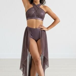 Double Platinum purple shimmer Halter Crop Top and Skirt Kids Dance Costume AXS